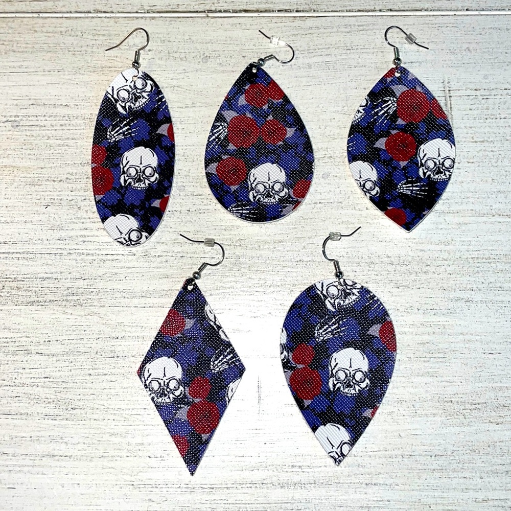 Purple with roses and skeletons faux leather earrings